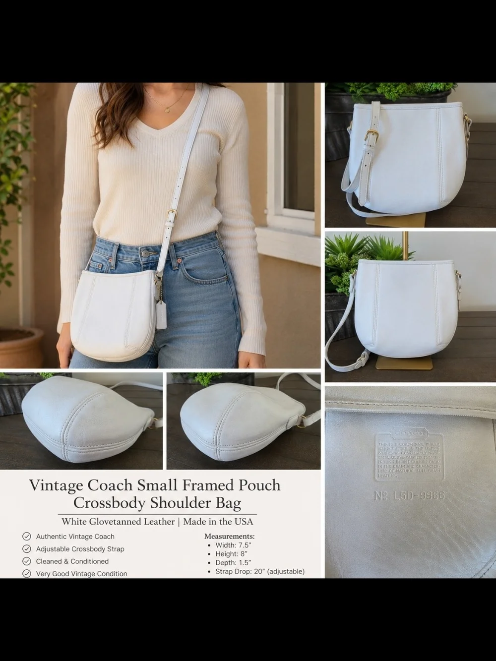 Vintage Coach Small Framed Pouch Crossbody Bag White Glovetanned Leather USA